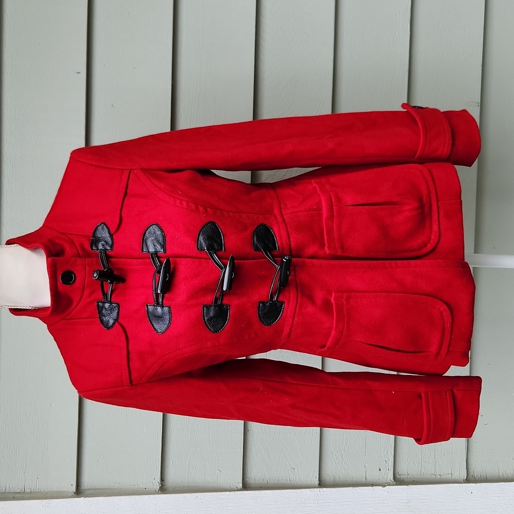 Tulle Red Pea Coat with Black Accents